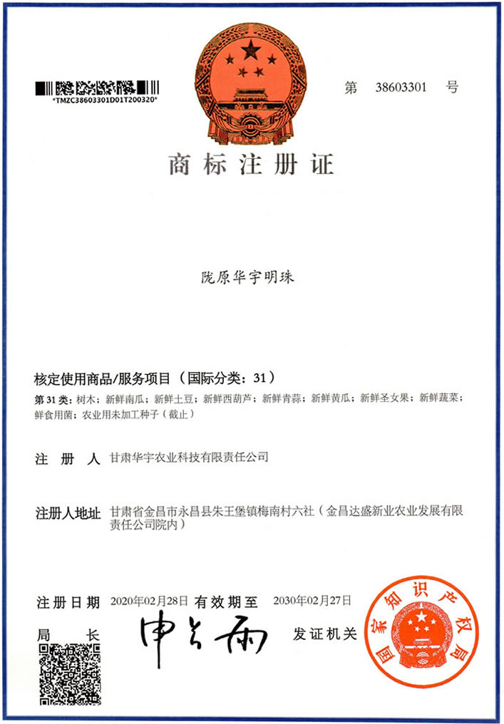 商标注册证-陇原华宇明珠